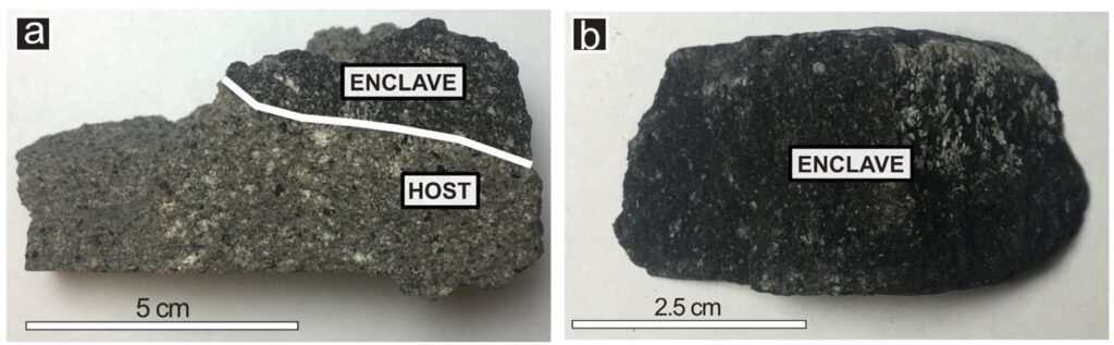 Two juvenile clasts from Sinabung Volcano. Clast A shows a medium-light grey host rock combined with a darker grey enclave towards the top. Clast B is the darker enclave.