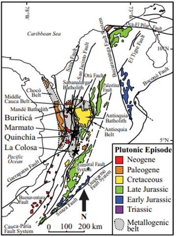 A map of Colombia which highlights the interaction between the gold ore deposits and the Mesozoic to Cenozoic intrusive rocks.