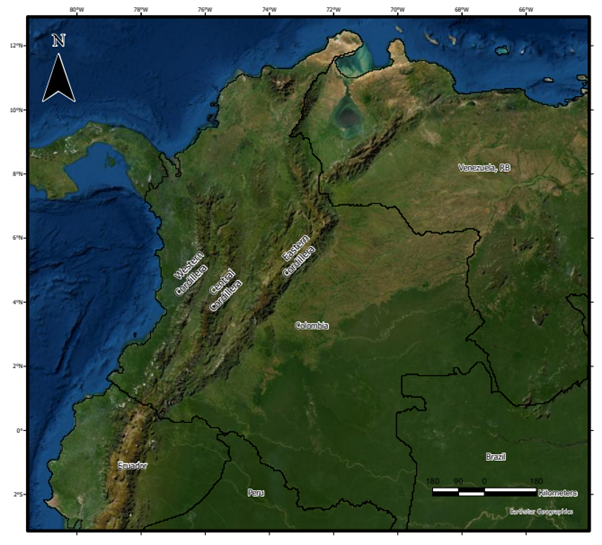 Map of the mountainous regions of Colombia. The northern Andes branch into three cordilleran (the Western, Central and Eastern Cordillera). The Eastern Cordilleran divides Colombia and continues north towards the country of Venezuela. 