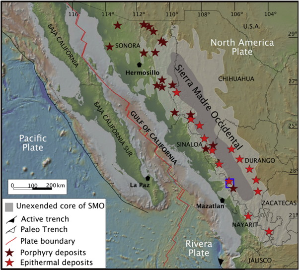 Map of Western Mexico, showing the location of the Sierra Madre Occidental. Running along the mountain range are epithermal and porphyry ore deposits.