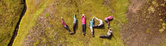 A photo taken from above with a drone, showing 7 people forming the word VIPS with their bodies in the field.