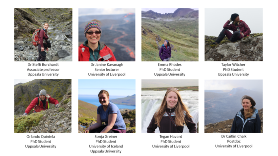 A collection of 8 photos showing the individual researchers who attended the fieldtrip: Dr Steffi Burchardt, Dr Janine Kavanagh, Emma Rhodes, Taylor Witcher, Orlando Quintela, Sonja Greiner, Tegan Havard, Dr Caitlin Chalk.