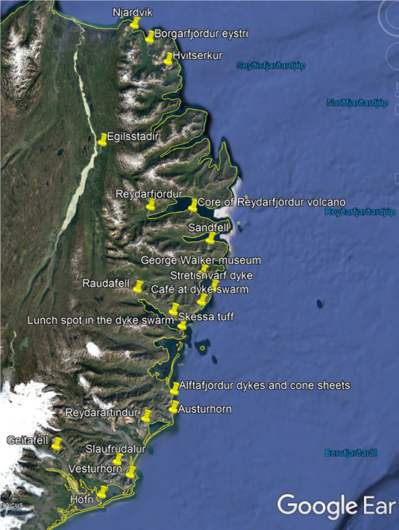 A map of the East coast of Iceland taken from Google Earth, with yellow pins showing the main fieldtrip locations.