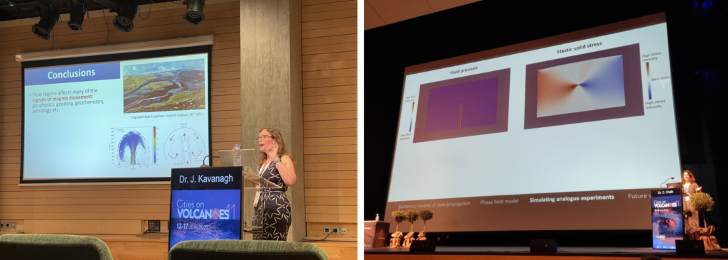 Janine Kavanagh presenting her work, with a slide showing the velocity profile of fluid flow in analogue dykes. Caitlin Chalk presenting her work, with a slide showing a snapshot of a numerical model of a dyke and its surrounding host rock shear stress.