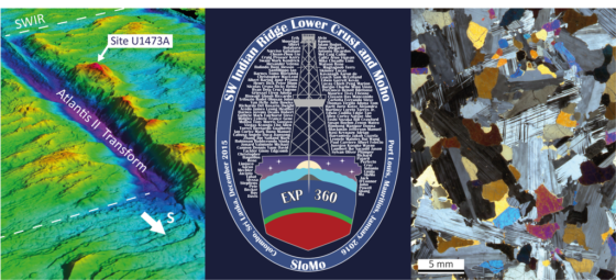 Left - Bathymetric map of the Atlantis Bank oceanic core complex located along the Atlantis II fracture zone on the Southwest Indian Ridge (purple to red scale represents an elevation difference of 5000 m). Middle – IODP Expedition 360 logo (2015-2016). Right – Thin section scan of olivine gabbro sample ODP 735B 79R6, 96-100(B) cm. 