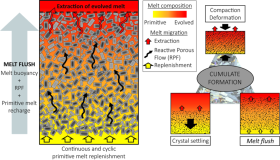 Schematic diagram of the melt flush process and summary of the processes occurring during the formation of igneous rocks from a petrologic perspective. Continuous and cyclic replenishment refers to oscillatory melt replenishment cycles by melt intrusion that vary through time. 